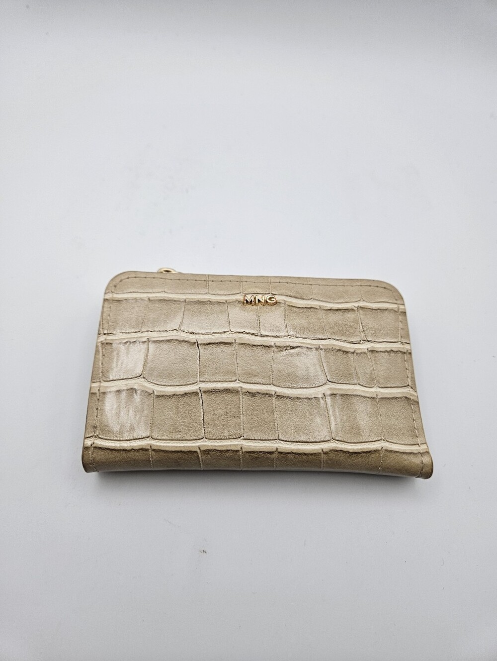 Mango Croc-Embossed Beige Zip Wallet with Gold Logo
